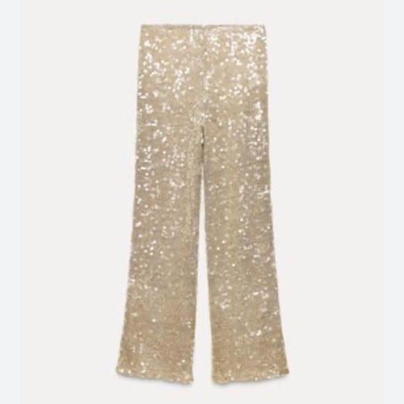 ZARA Champagne Allover Sequin High Waist Trouser Pants Glam Evening - Picture 3 of 9